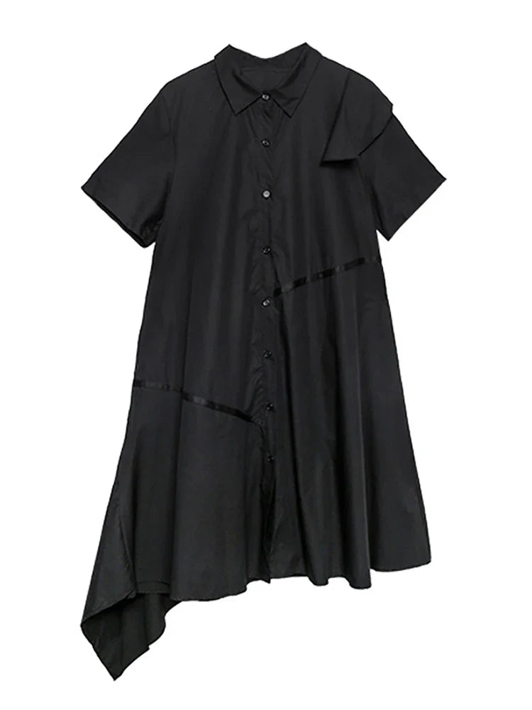 Beberino Black A-line Ruffles Irregular Shirt Dress, New Lapel Short Sleeve Fashion