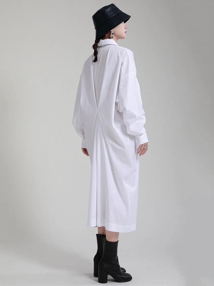 Beberino White Pleated Big Long Shirt Dress Lapel Loose Fit Spring Autumn 2024