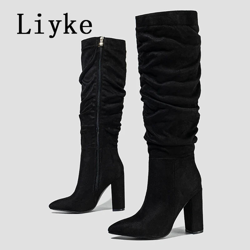 Beberino Pleated Black Knee High Boots: Stylish Women's Pointed Toe Square Heel Botas