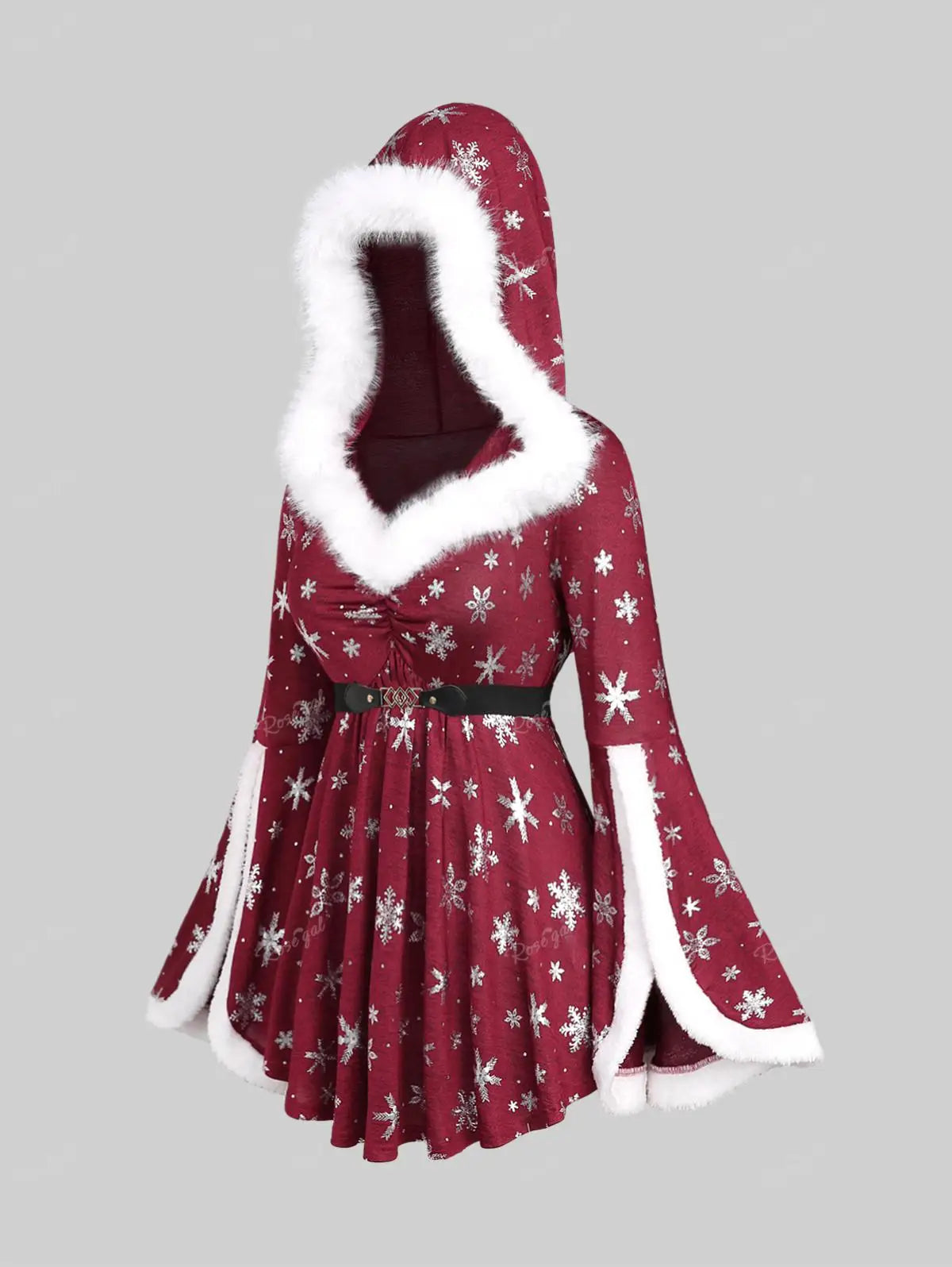 Beberino Snowflake Print Hooded T-shirt with Faux Fur Sleeves & Belt