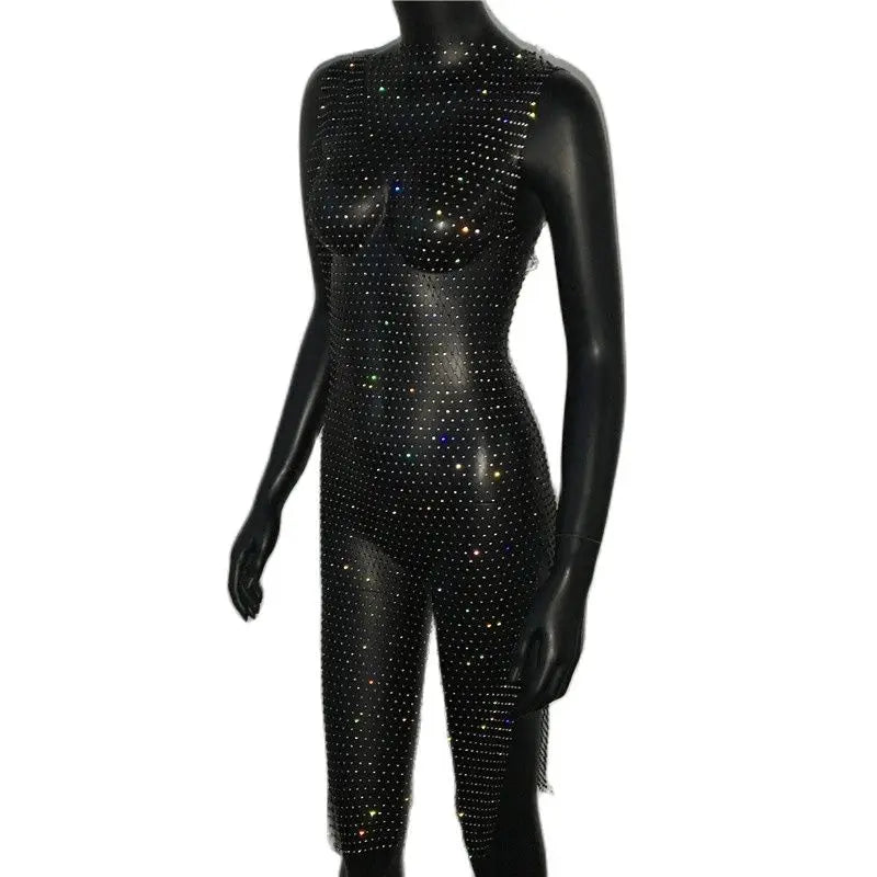 Beberino Rhinestone Sleeveless Bodycon Nightclub Dress - Shiny Diamonds Hollow Out Mesh