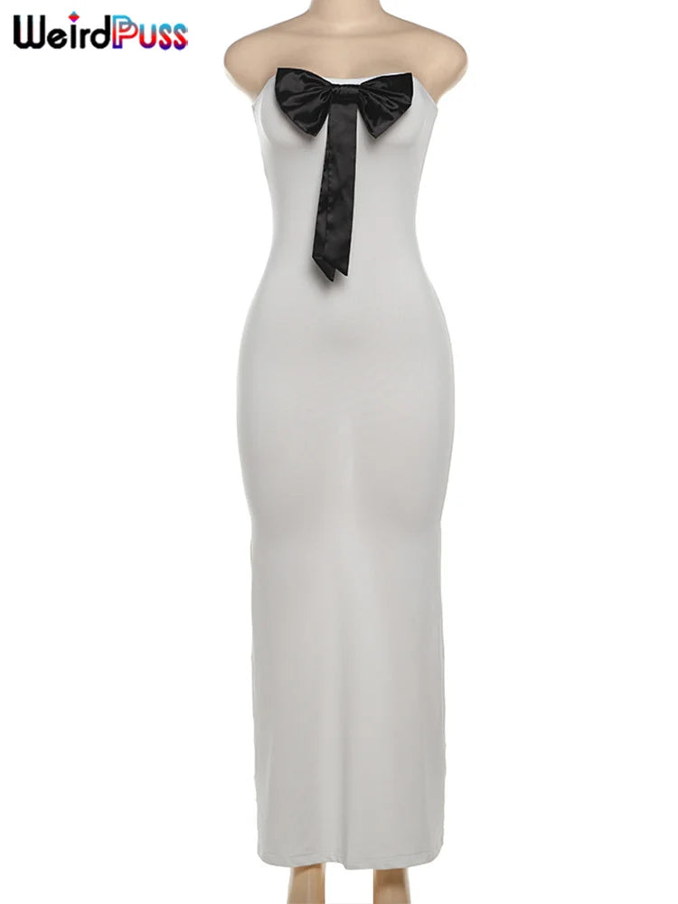 Beberino Strapless Split Back Dress with Puss Bow Appliques