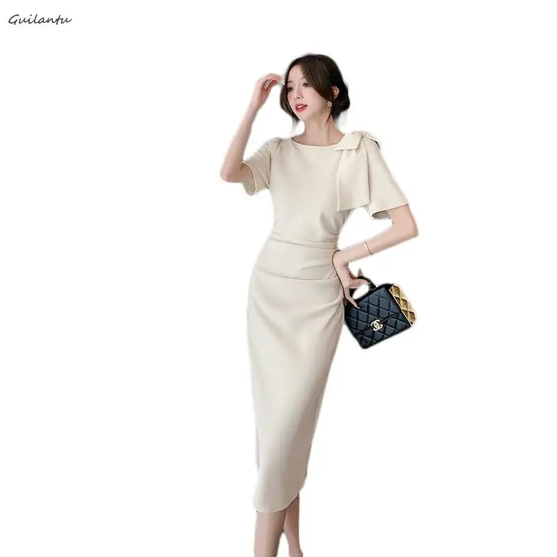 Beberino O Neck Midi Dress: Korean Style Slim Pencil Dress for Women