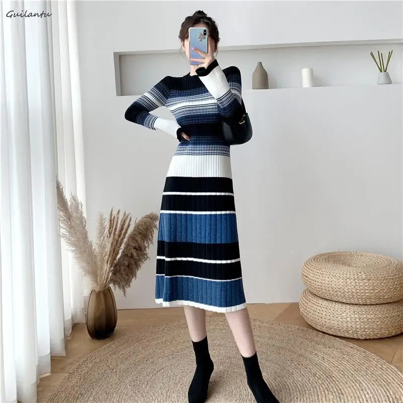 Beberino Striped Knit Sweater Dress: Elegant O Neck Bodycon Mid Dress