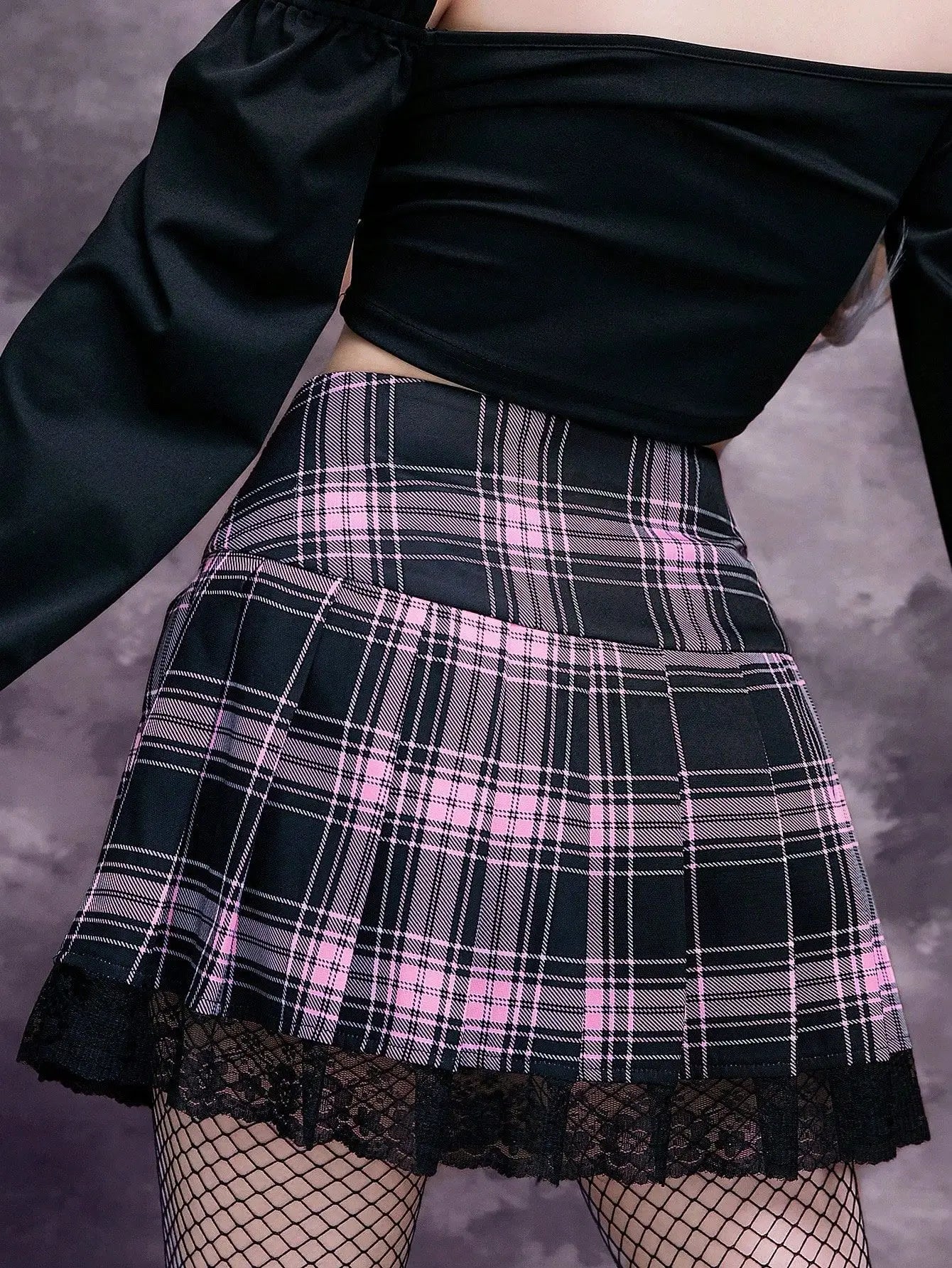 Beberino Plaid Lace Hem High Waist Mini Skirt - Gothic Harajuku E-girl Streetwear Collection