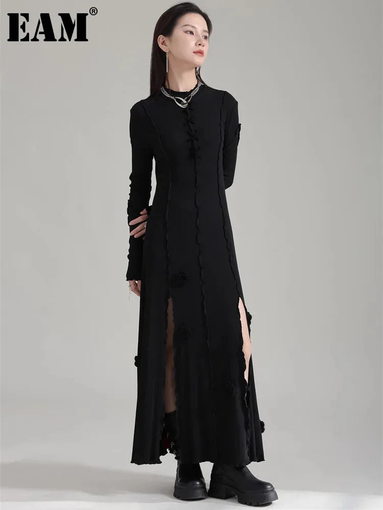 Beberino Black Flower Slit Long Dress Turtleneck Loose Fit Elegant Style