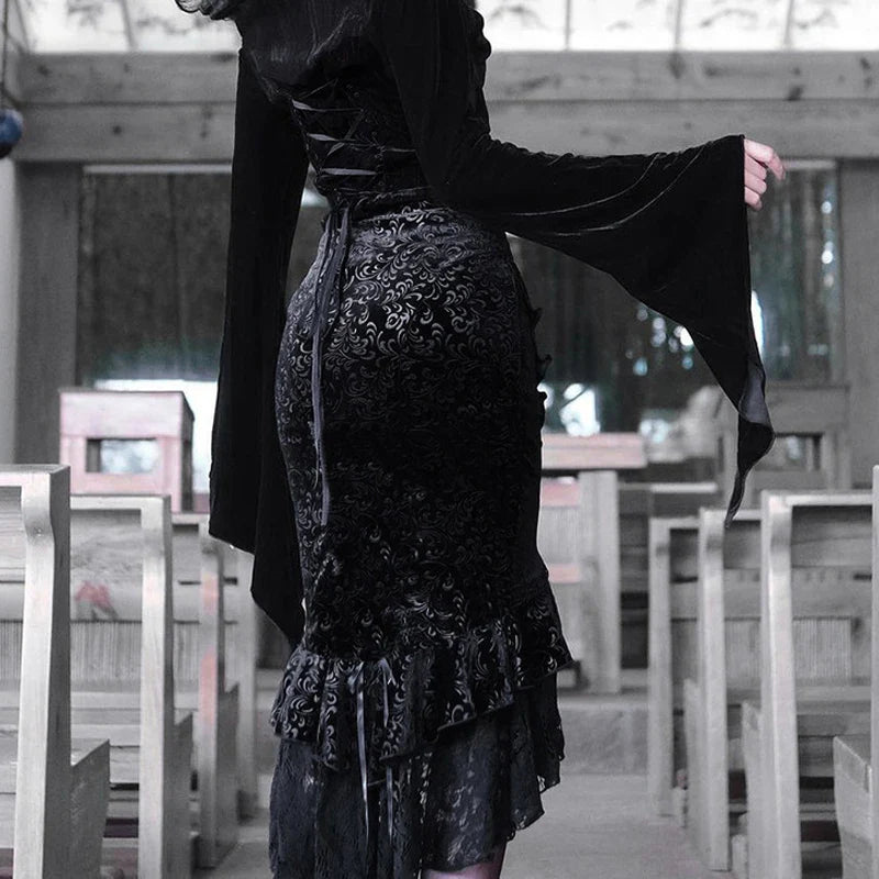 Beberino Lace Hem Mermaid Skirt Gothic Ruffles Vintage Midi Elegant Evening Goth Grunge