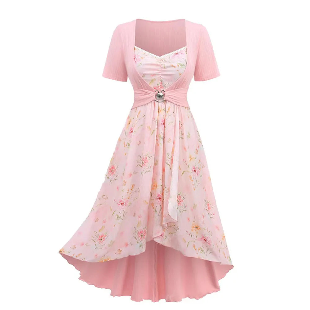 Beberino Floral Lace Trim Ruched Dress Light Pink