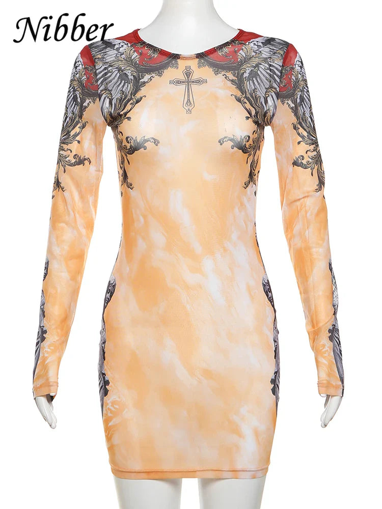 Beberino Panelled Print Mini Dress: Nibber Chic Aesthetic, Body-shaping, Long Sleeve, O-Neck, Autumn Streetwear