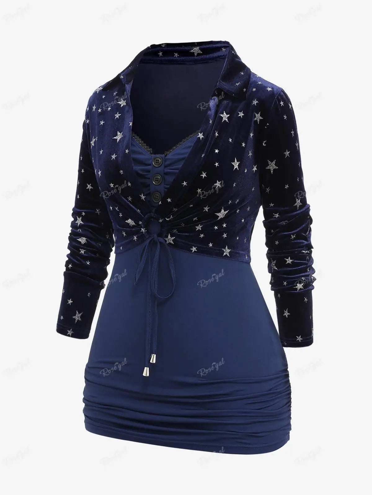 Beberino Plus Size Deep Blue Lace Trim Camisole & Silver Stars Crop Blouse