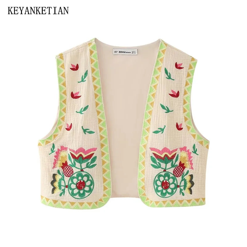 Beberino Ethnic Floral Embroidery Vest: Holiday Sleeveless Crop Top Coat