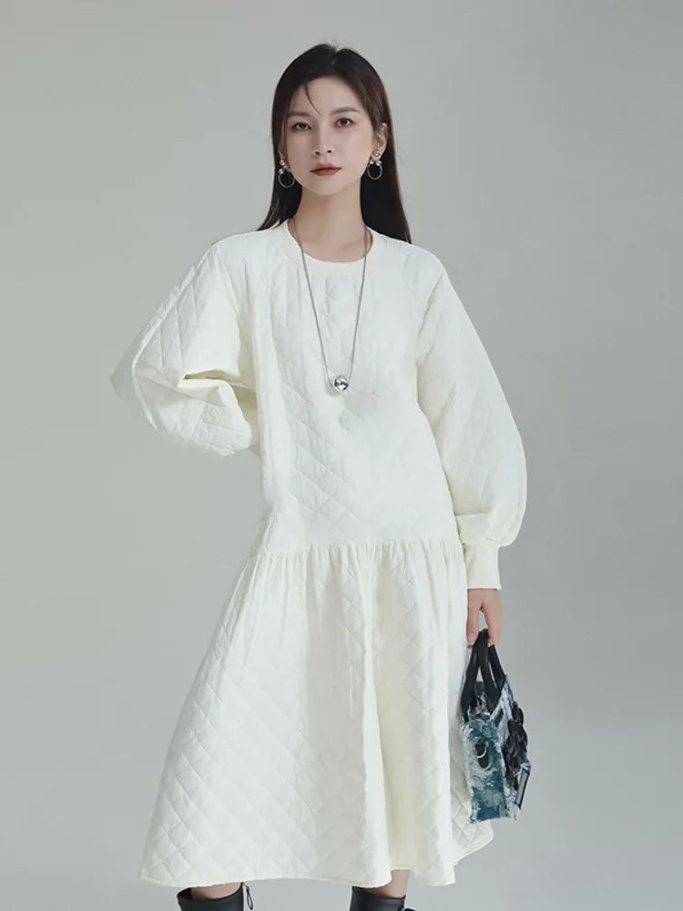 Beberino White Pleated Cotton-padded Dress Round Neck Loose Fit Spring Auutmn 2024