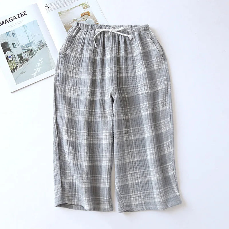 Beberino 100% Cotton Crepe Cloth Plaid Shorts Large Size Cropped Pants