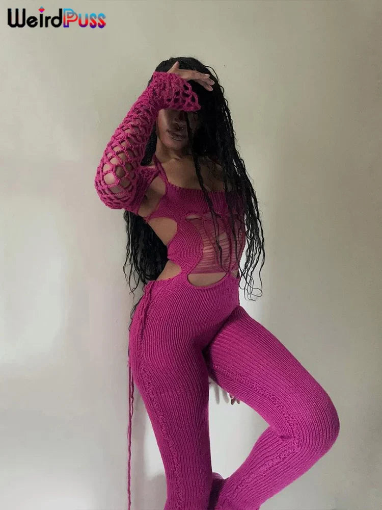 Beberino Hollow Sleeve Knit Jumpsuit, Stretchy Backless Clubwear Overalls