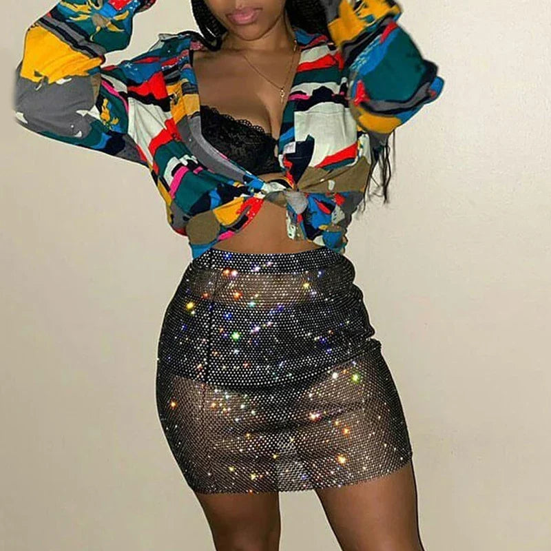 Beberino Rhinestone Mesh Mini Skirt for Women, Sexy Club Beach Party Streetwear