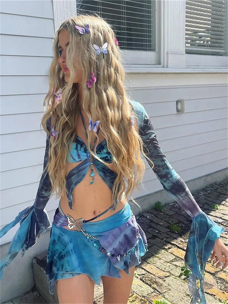 Beberino Tie Dye Butterfly 3-Piece Set: Camisole, Crop Top & Skirt