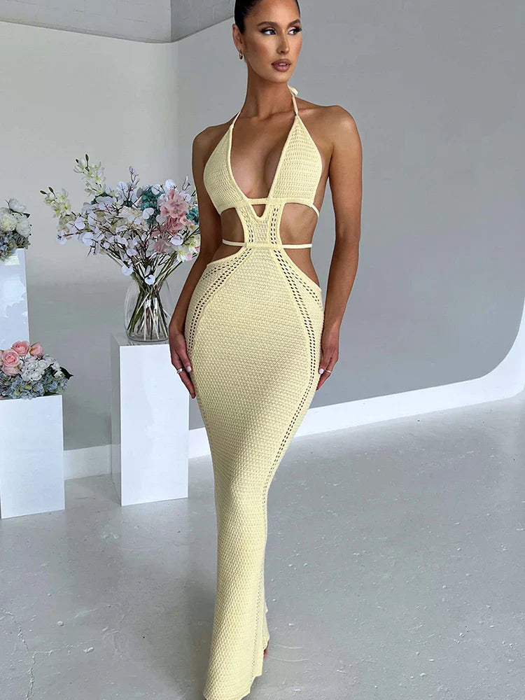 Beberino Elegant Hollow Halter Maxi Dress for Women, Sexy Bodycon Party Dress