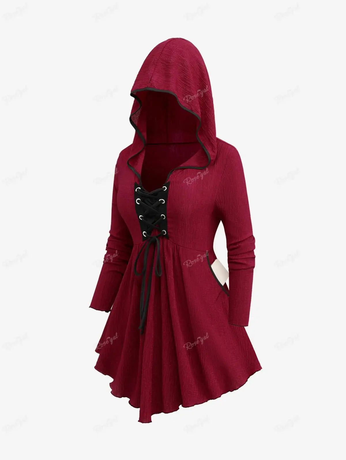 Beberino Deep Red Handkerchief Hooded T-shirt with Ruffles - Plus Size Pullover Tops