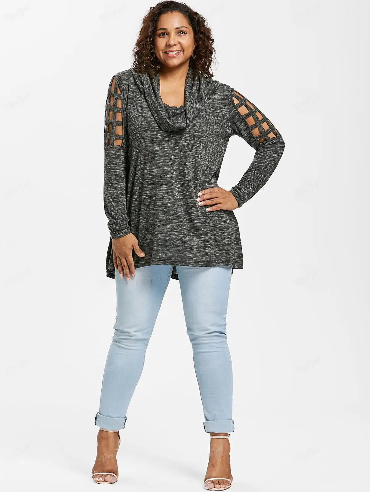 Beberino Gray Cowl Neck T-shirt with Braided Sleeves