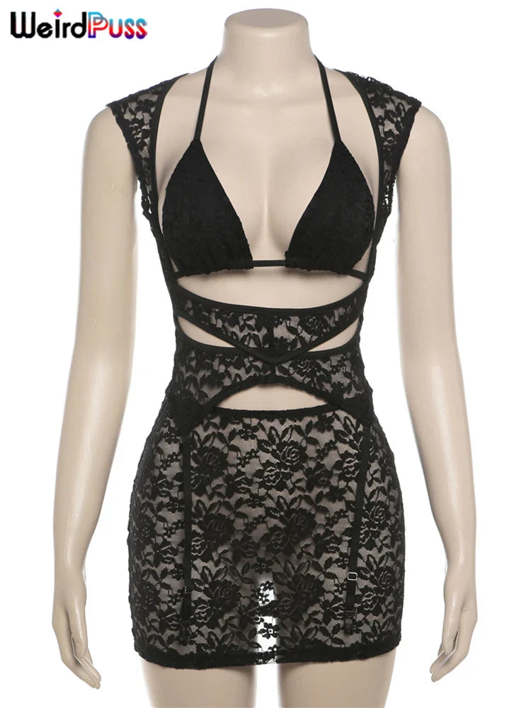 Beberino Sexy Mesh Dress+Bra Set, Backless, Hollow, Stylish, Skinny, Elastic, Summer Clubwear