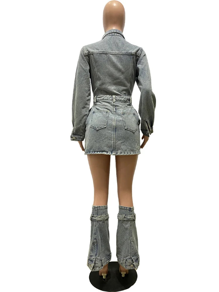 Beberino Denim Dress with Socks: High Waist Skinny, Multi-Pocket Design.