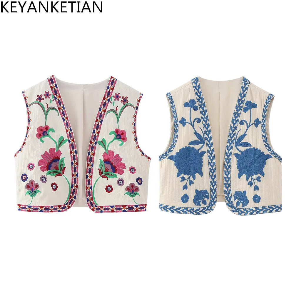 Beberino Vintage Floral Embroidered Open Waistcoat for Women - National Style Vest