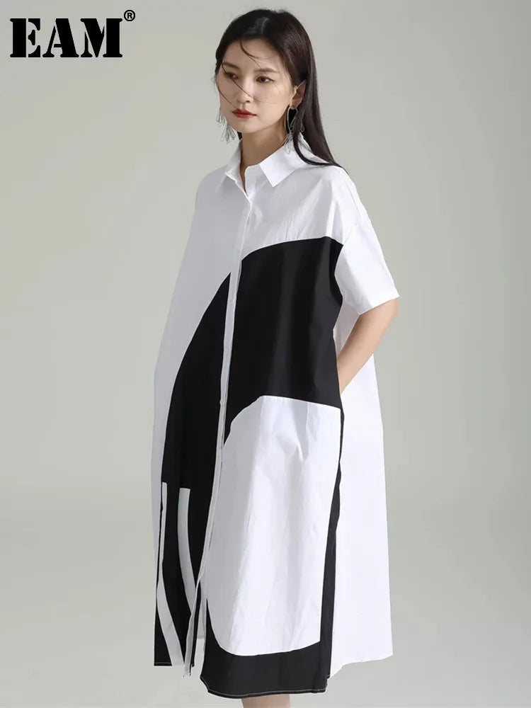 Beberino White Color-block Midi Shirt Dress Short Sleeve Loose Fit 2024