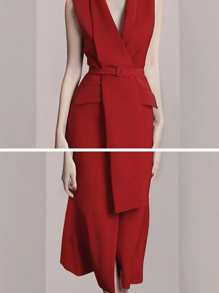 Beberino Notched Collar Sleeveless Red Dress with Waist Belt