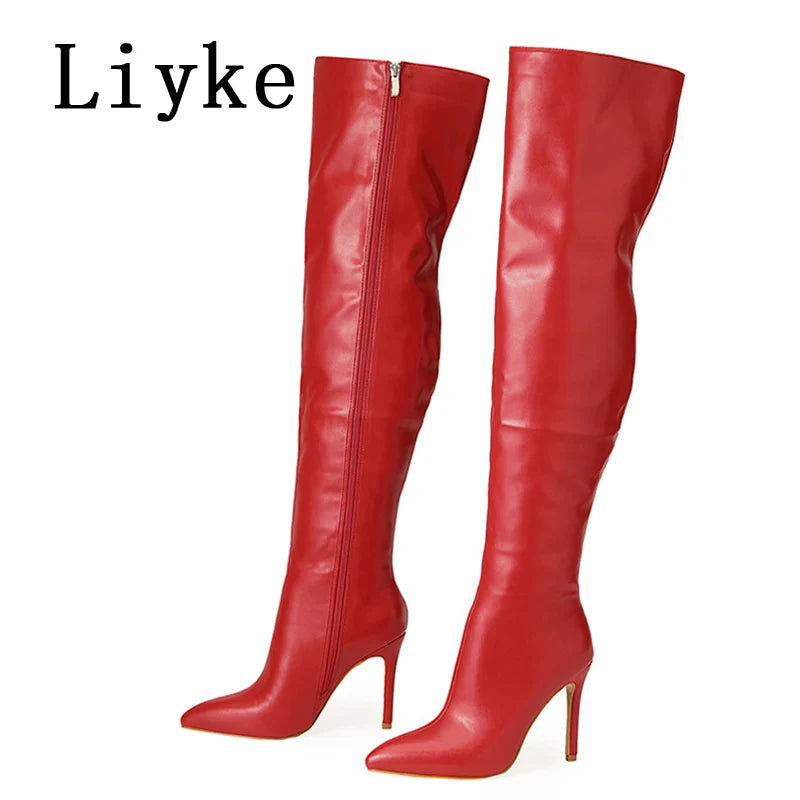 Beberino Red Leather Thigh High Stiletto Boots - Pointed Toe, Zipper Closure