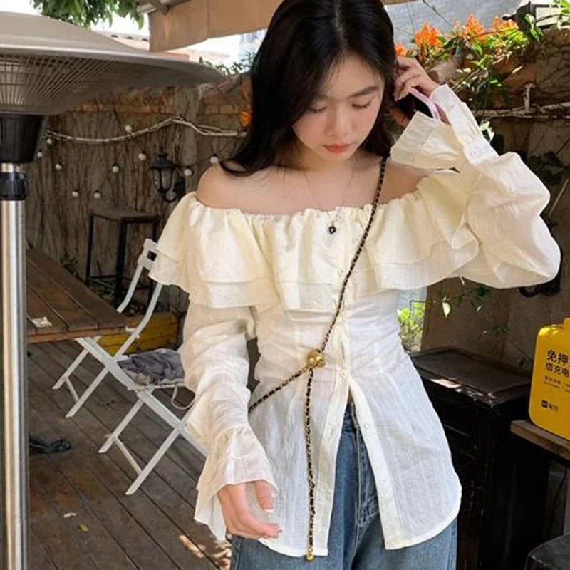 Beberino French Ruffles Off Shoulder Blouse Chic Button Flare Sleeve Female Tops