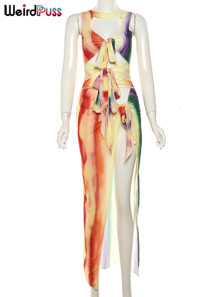 Beberino Colorful Hollow Dress: Summer Sexy Sleeveless Ruffles Splits Clubwear.