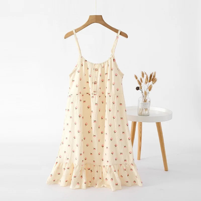 Beberino 100% Cotton Crepe Suspender Nightdress - Thin, Solid Color Floral Vest Skirt