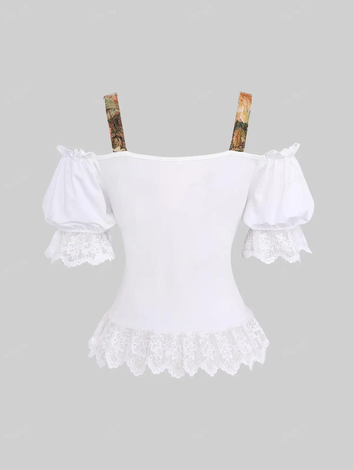 Beberino Gothic Puff Sleeve 2 In 1 Corset Top with Floral Mesh Trim