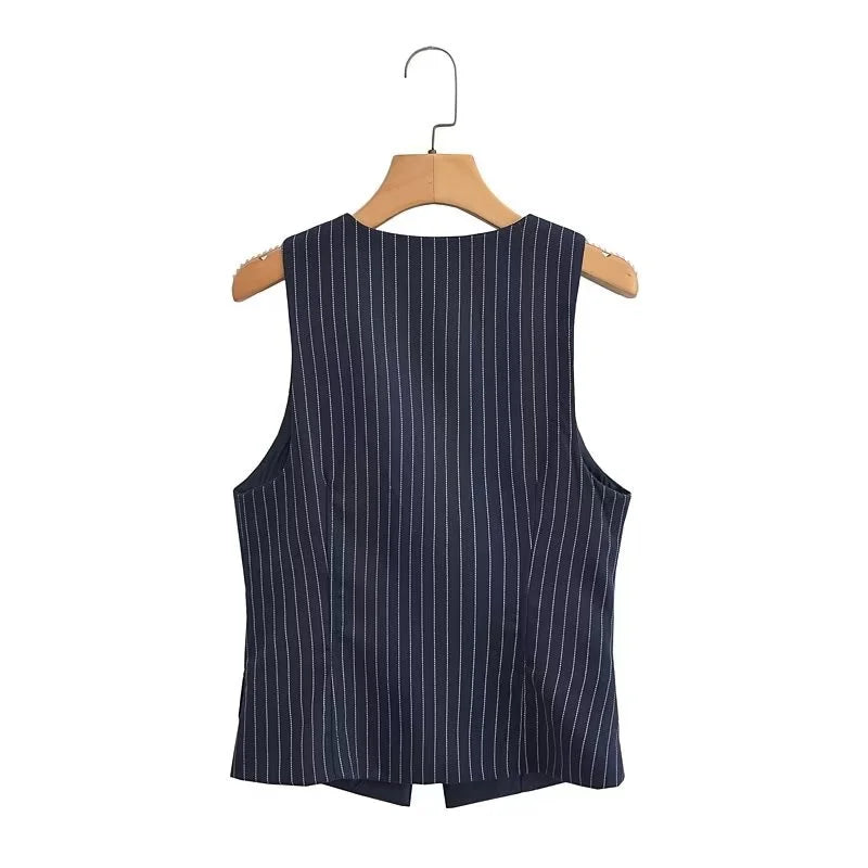 Beberino Navy Blue Striped Vest Slim V-Neck Sleeveless Top - Summer Collection