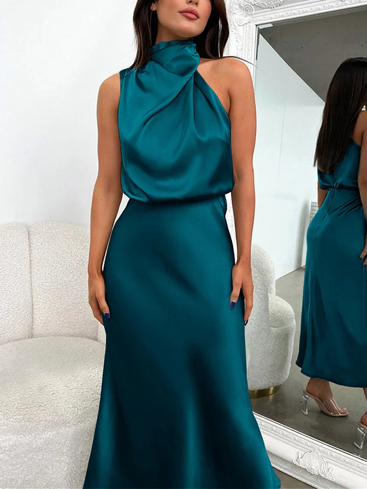 Beberino Sleeveless Silk Satin Long Dress: Elegant, High-End Fashion for Women