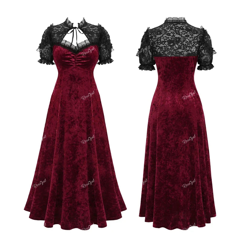 Beberino Gothic Lace Velvet Party Dress with Puff Sleeves