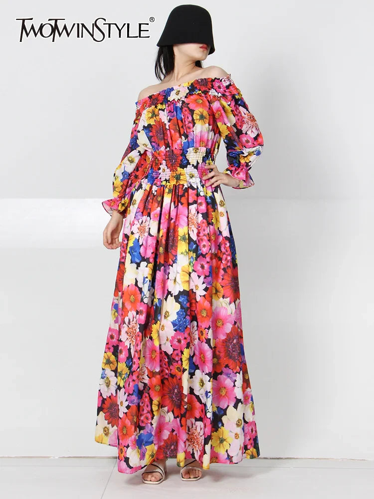 Beberino Colorblock Print Dress: Vintage Style Slash Neck Midi for Women