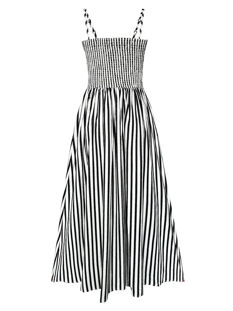 Beberino Sleeveless Black Striped Pleated Long Dress - Elegant & Chic Summer Fashion