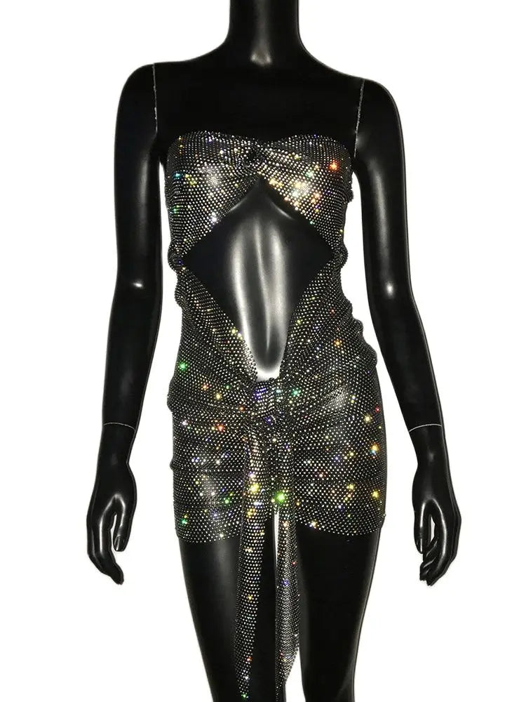 Beberino Shimmering Rhinestone Backless Mini Dress: Sexy Hollow Out Party Dress