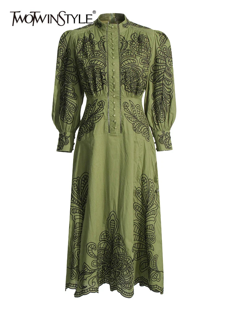 Beberino Embroidered Stand Collar Dress with Lantern Sleeves and Patchwork Design