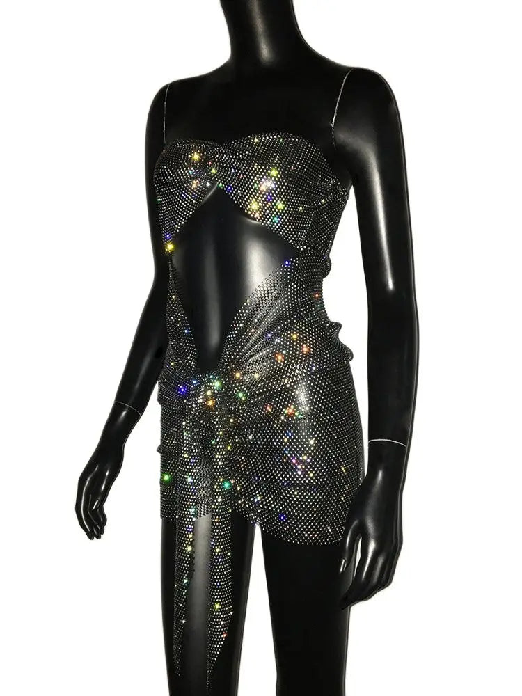 Beberino Shimmering Rhinestone Backless Mini Dress: Sexy Hollow Out Party Dress