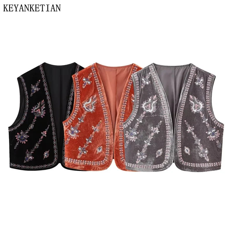 Beberino Sequined Floral Embroidery Velvet Vintage Waistcoat Sleeveless Crop Top