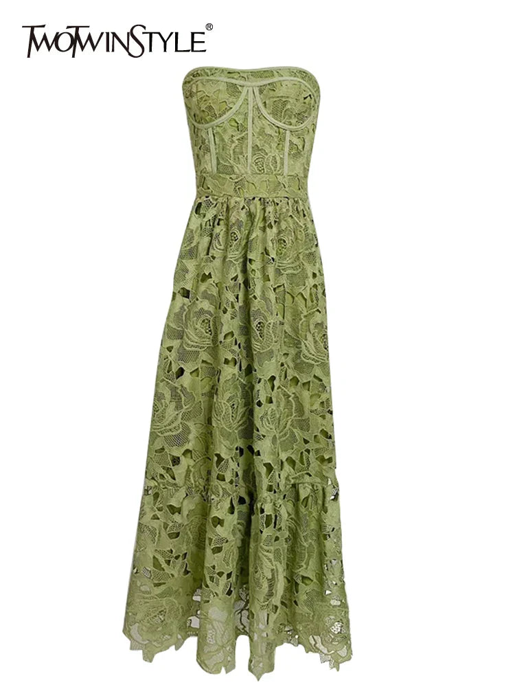 Beberino Embroidered Strapless Dress: Solid Patchwork, Elegant Design, Backless, High Waist, Sleeveless