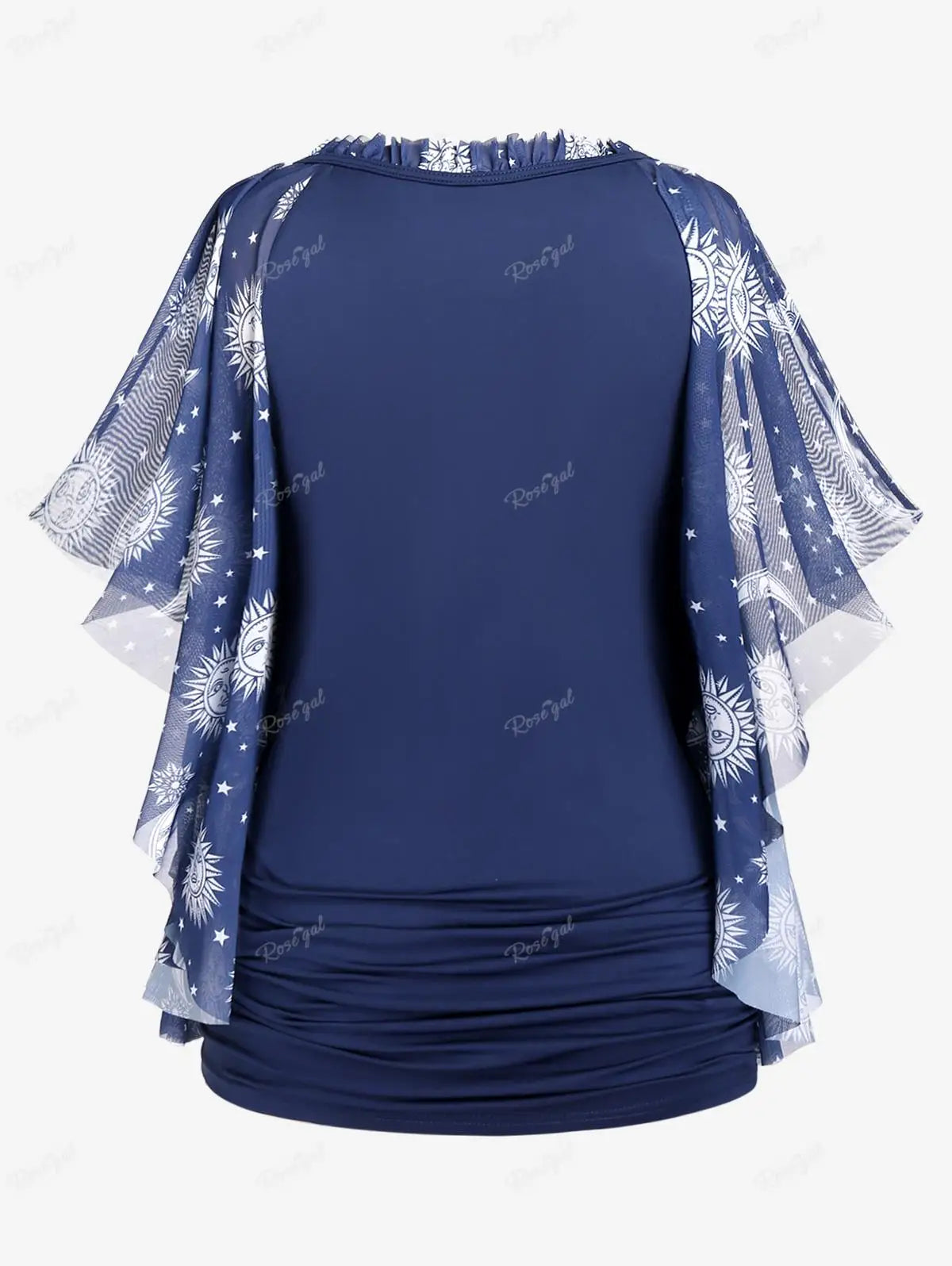 Beberino Butterfly Sleeves V-Neck Tee with Sun Moon Star Print and Ruched Drawstring