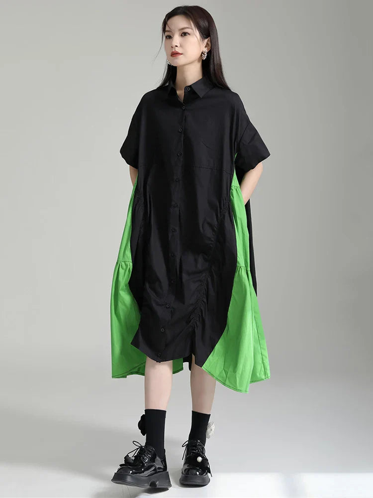 Beberino Green Color-block Pleated Shirt Dress: Short Sleeve Loose Fit Fashion