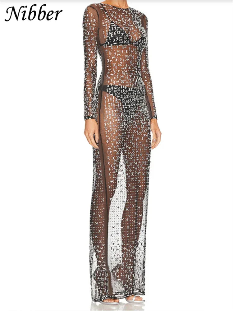 Beberino Mesh Diamond Inlay Maxi Dress for Women - Sexy Club Evening Wear