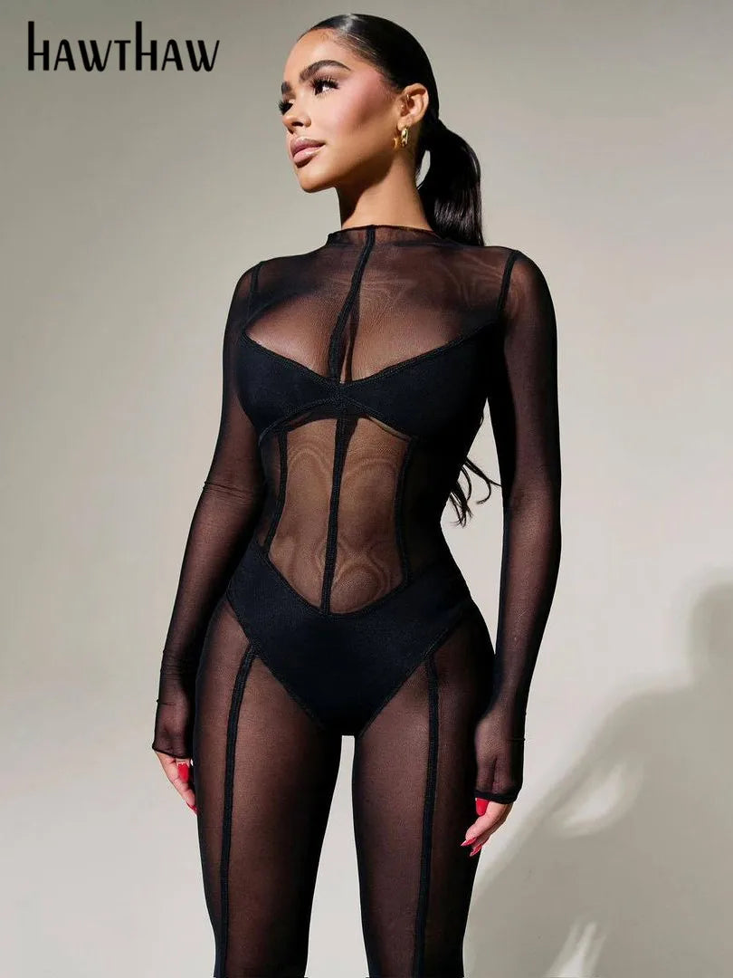 Beberino Mesh Club Wear Long Sleeve Black Jumpsuit for Women