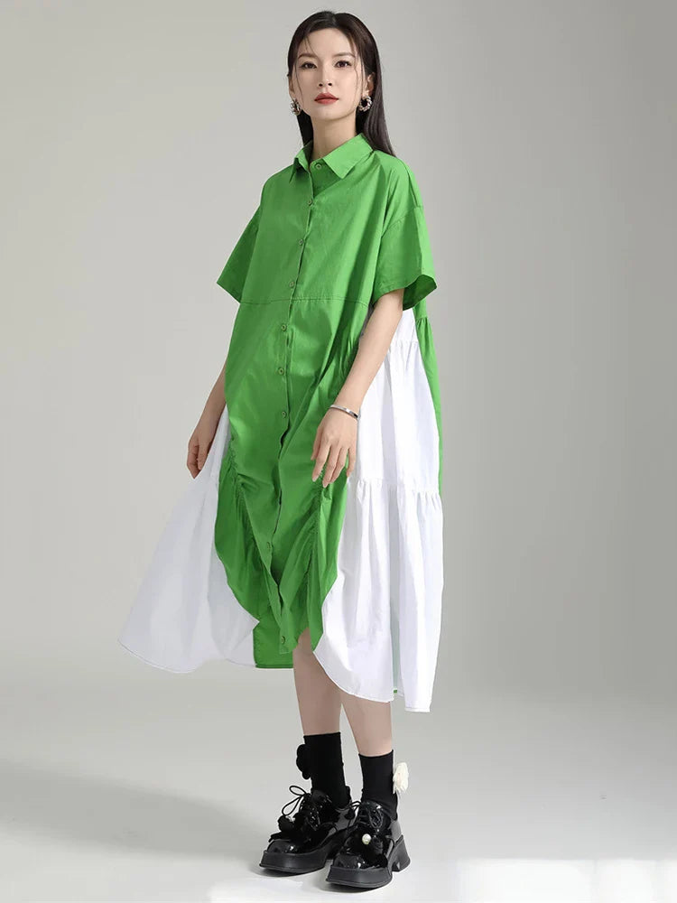 Beberino Green Color-block Pleated Shirt Dress: Short Sleeve Loose Fit Fashion