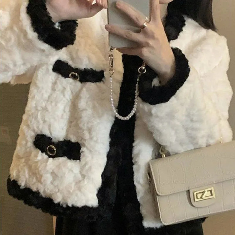 Beberino Elegant Lamb Fur Black Coat - Women's Warm Office Jacket