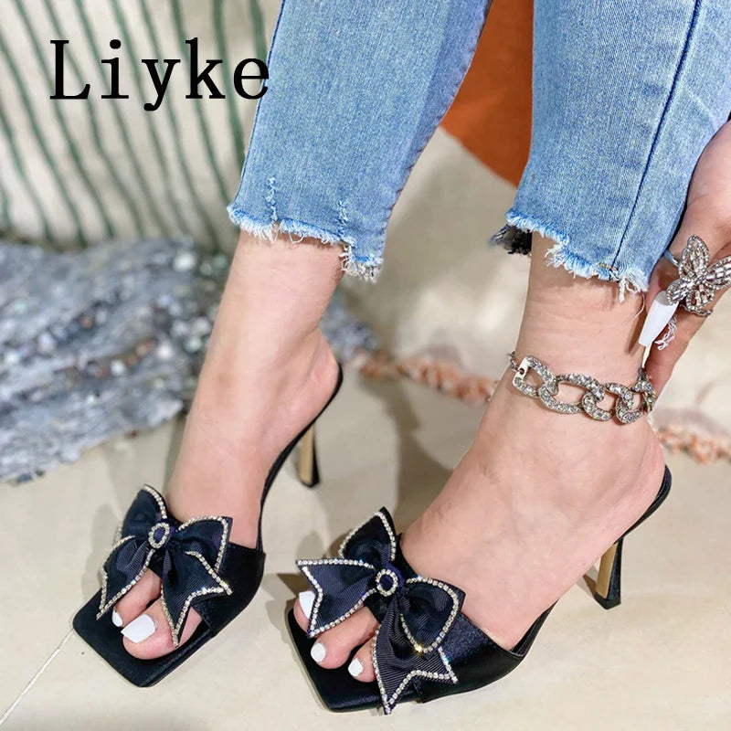 Beberino Satin Butterfly-knot Slides: Thin High Heel Women's Sandals